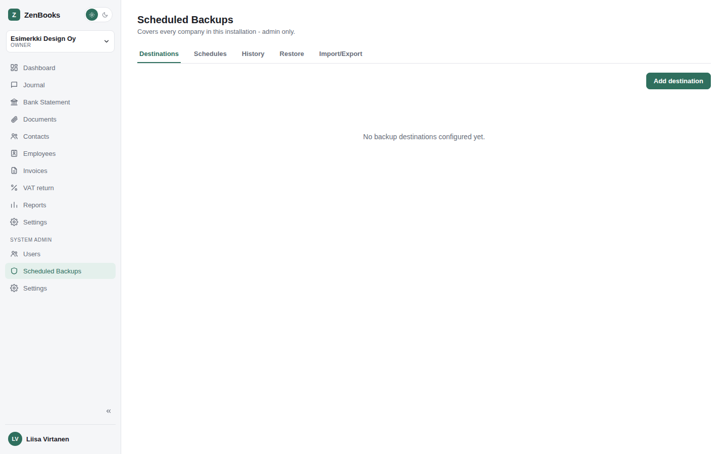 Admin - Scheduled Backups page