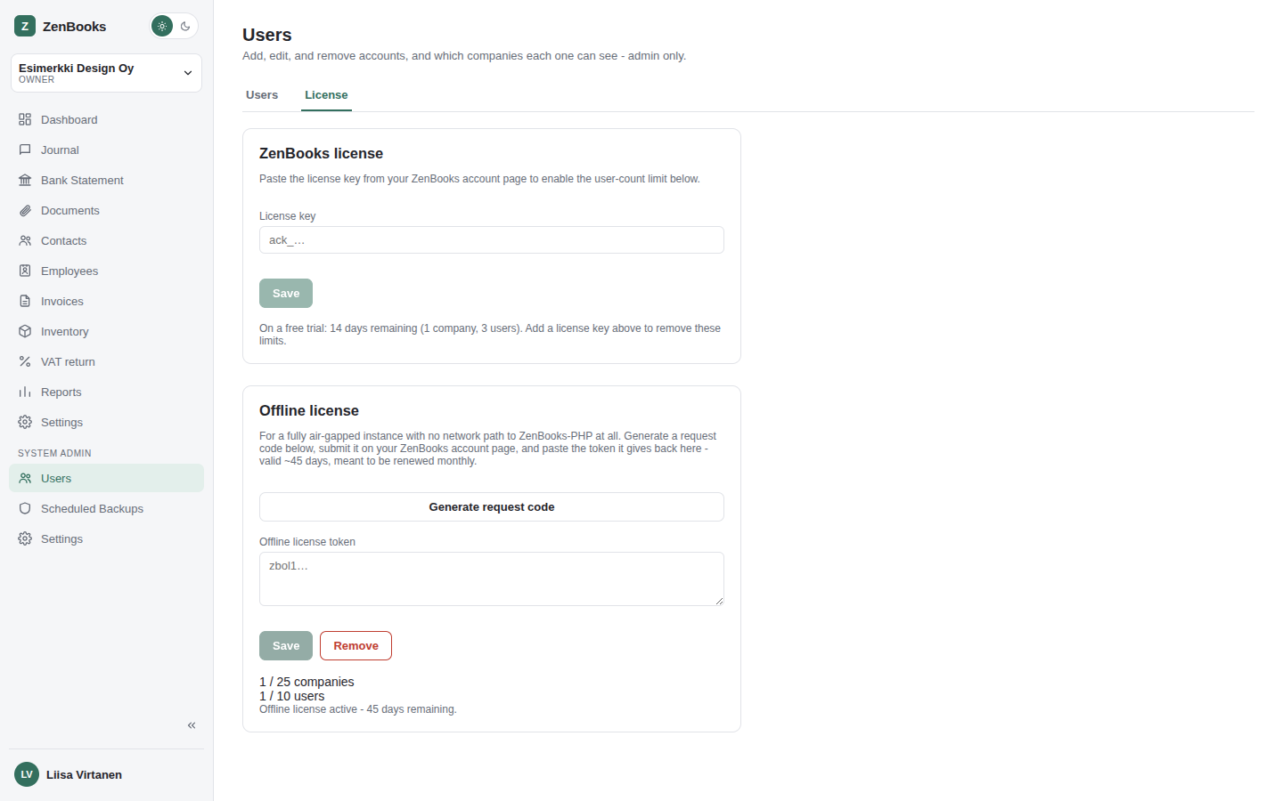 Admin - License tab, with an active offline license