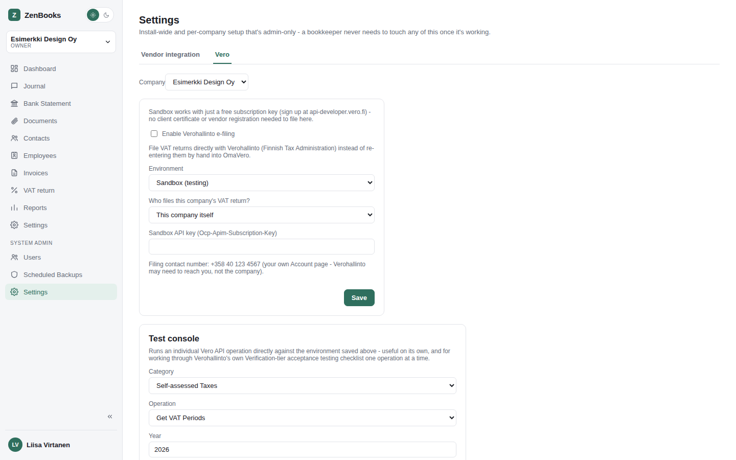 Admin - Settings - Vero tab