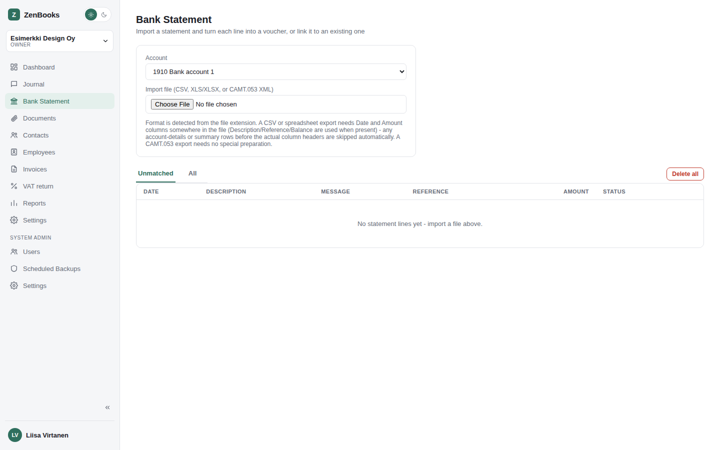 ZenBooks Bank Statements page