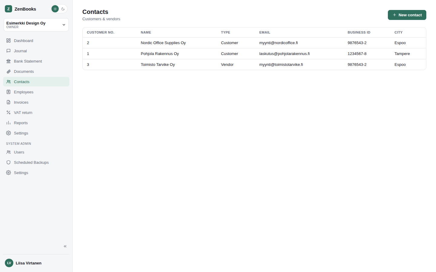 ZenBooks Contacts page