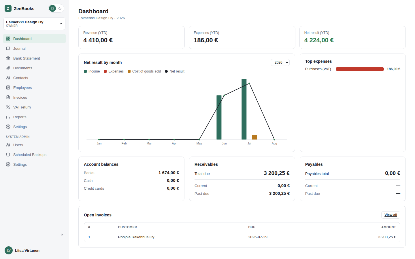 ZenBooks layout - sidebar and Dashboard
