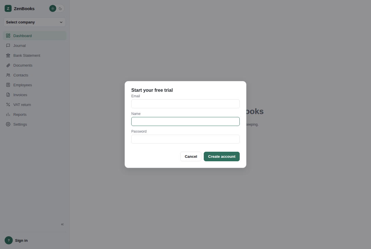 ZenBooks trial sign-up form