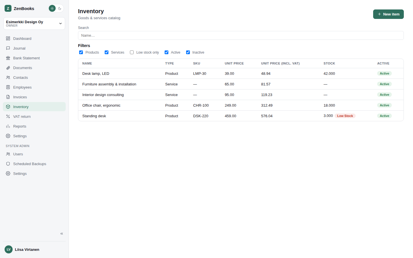 ZenBooks Inventory page, with search and filters