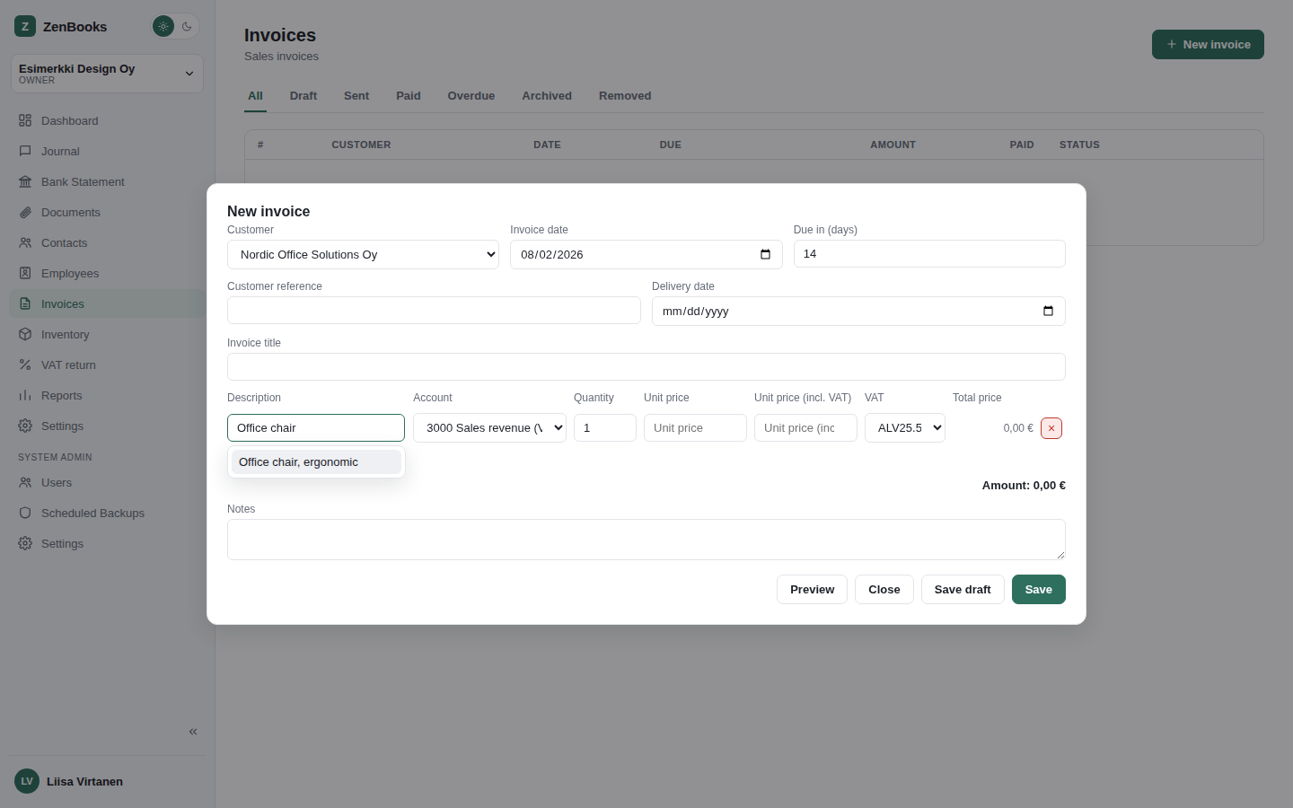 Invoice editor - typing a description searches the Inventory catalog