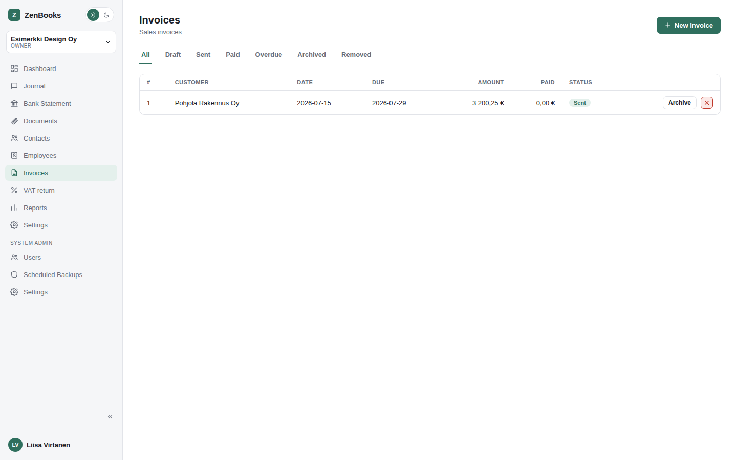 ZenBooks Invoices page