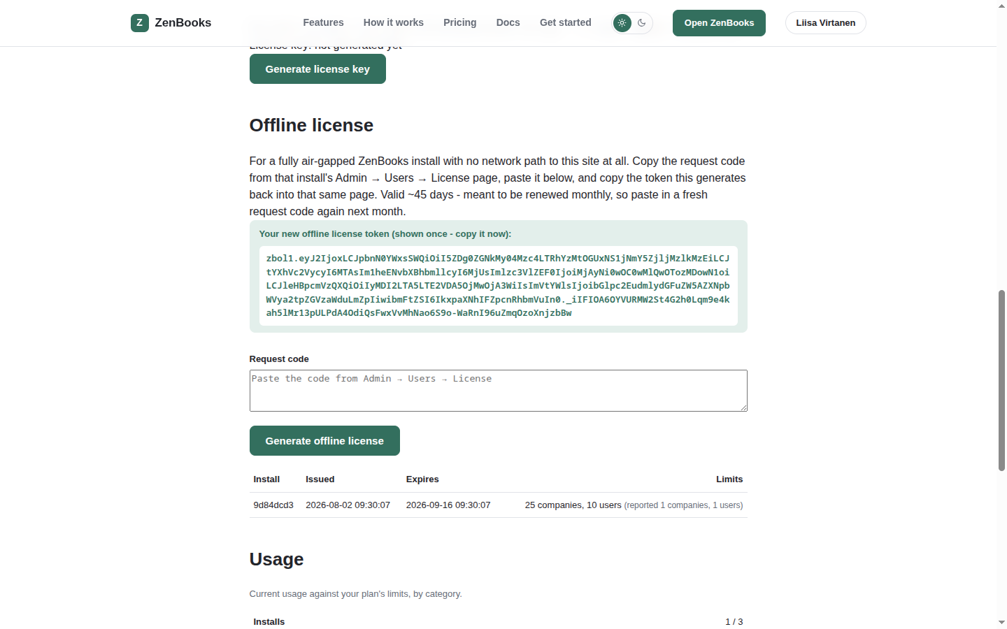 ZenBooks account page - generating an offline license from a request code