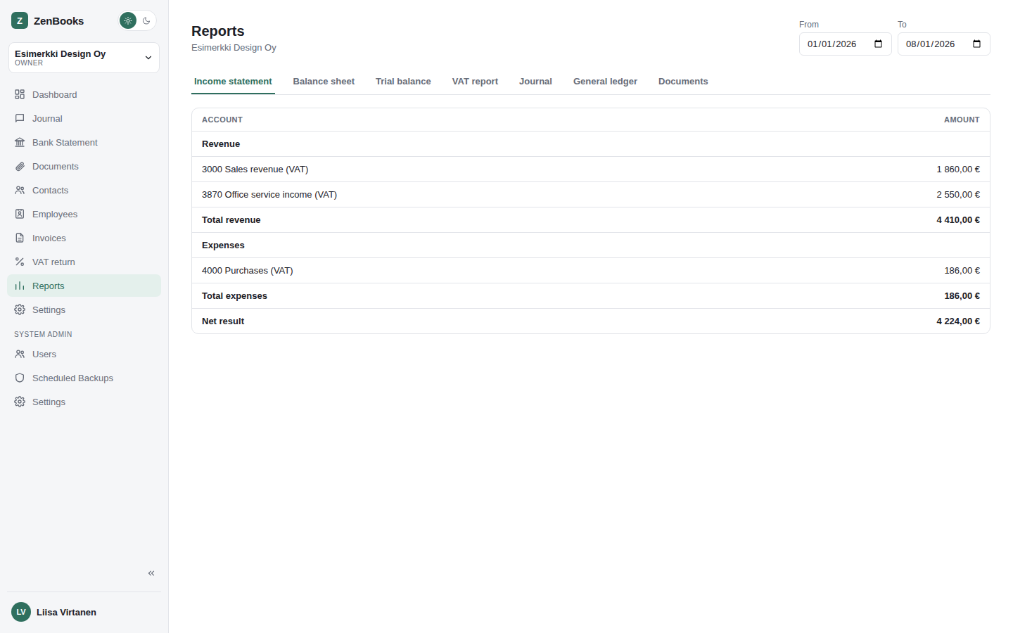 ZenBooks Reports page