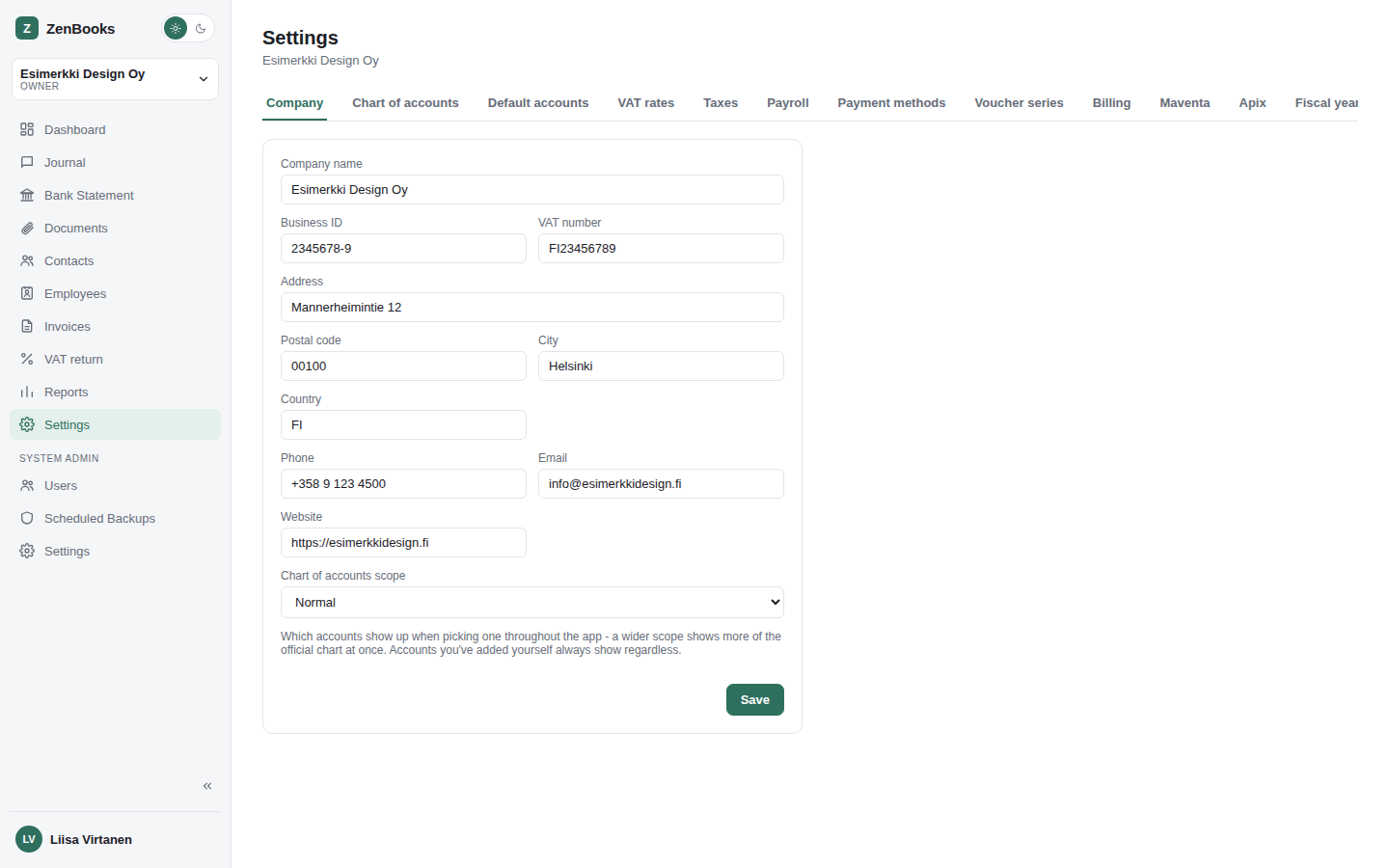 Settings - Company tab
