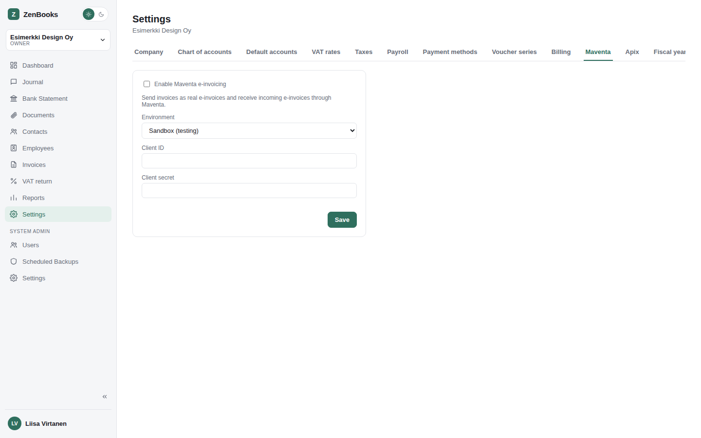 Settings - Maventa tab