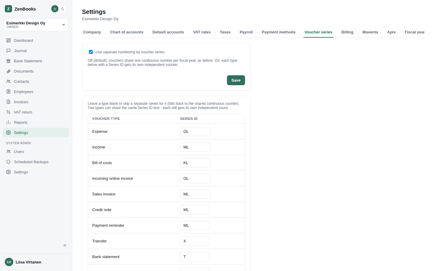Settings - Voucher series tab