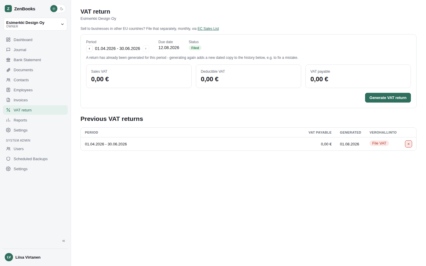 ZenBooks VAT Return page